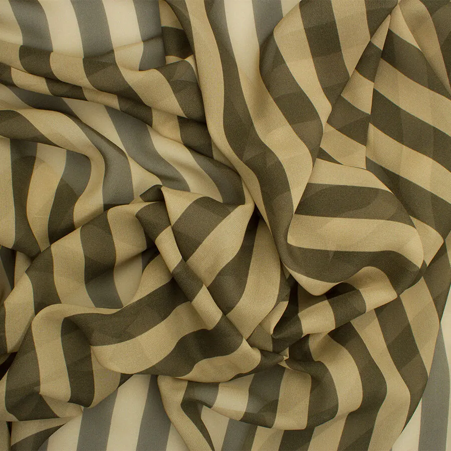 Beige & Black Wide Striped Silk Georgette