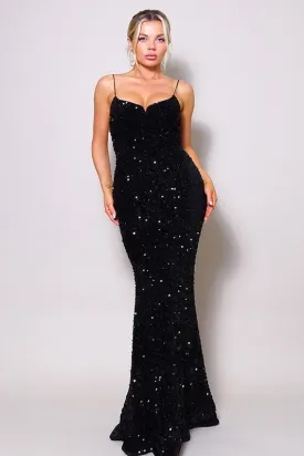 Black Just Like Marilyn Teddy Velvet Sequins Maxi Dress