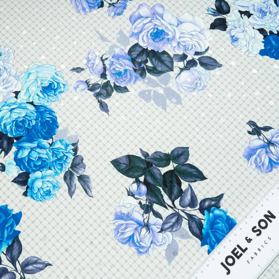 Blue Floral Printed Pale Grey Silk Jacquard