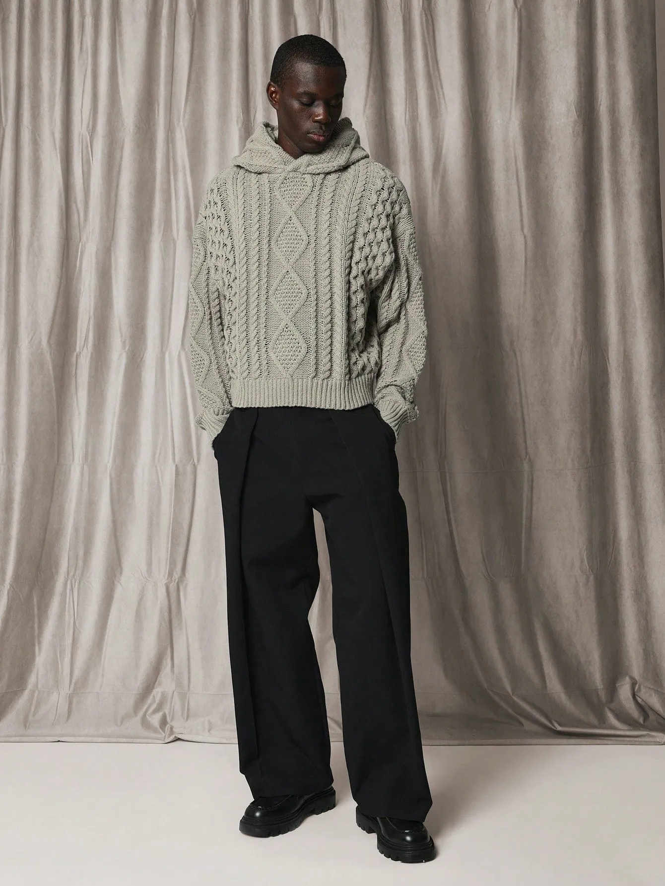 Boxy Heavyweight Cable Knit Hoodie Sweaters