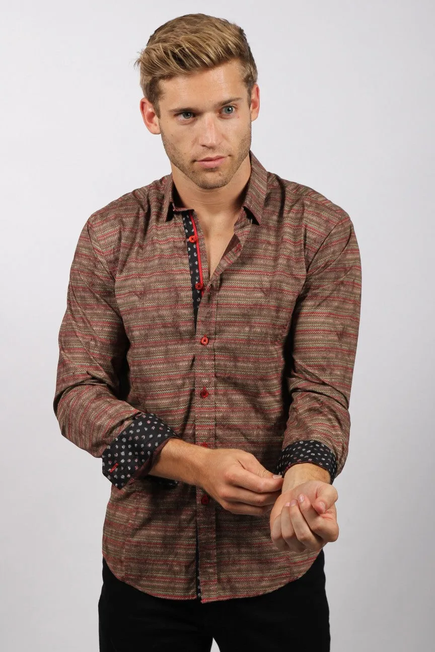 Brown Knit Style Button Down Shirt W/Contrasting Trim