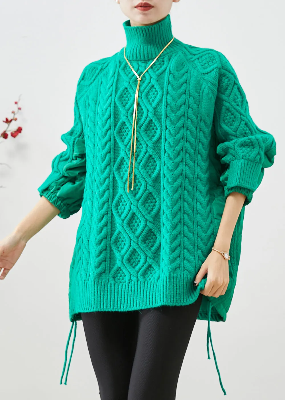 Chic Green High Neck Thick Patchwork Knit Sweaters Winter LY9844