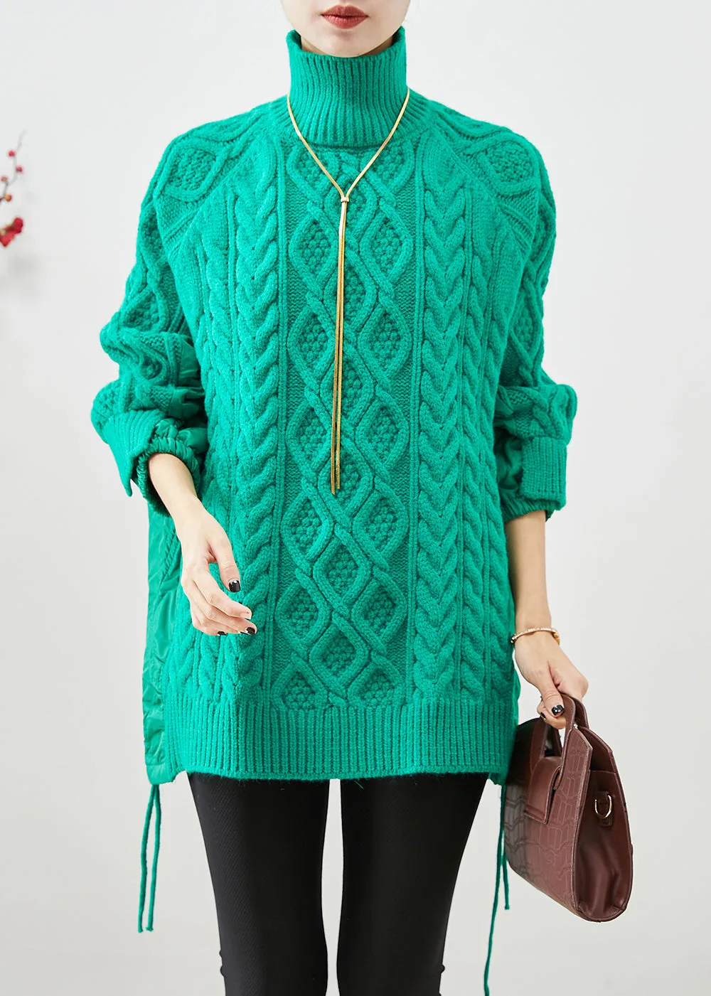 Chic Green High Neck Thick Patchwork Knit Sweaters Winter LY9844