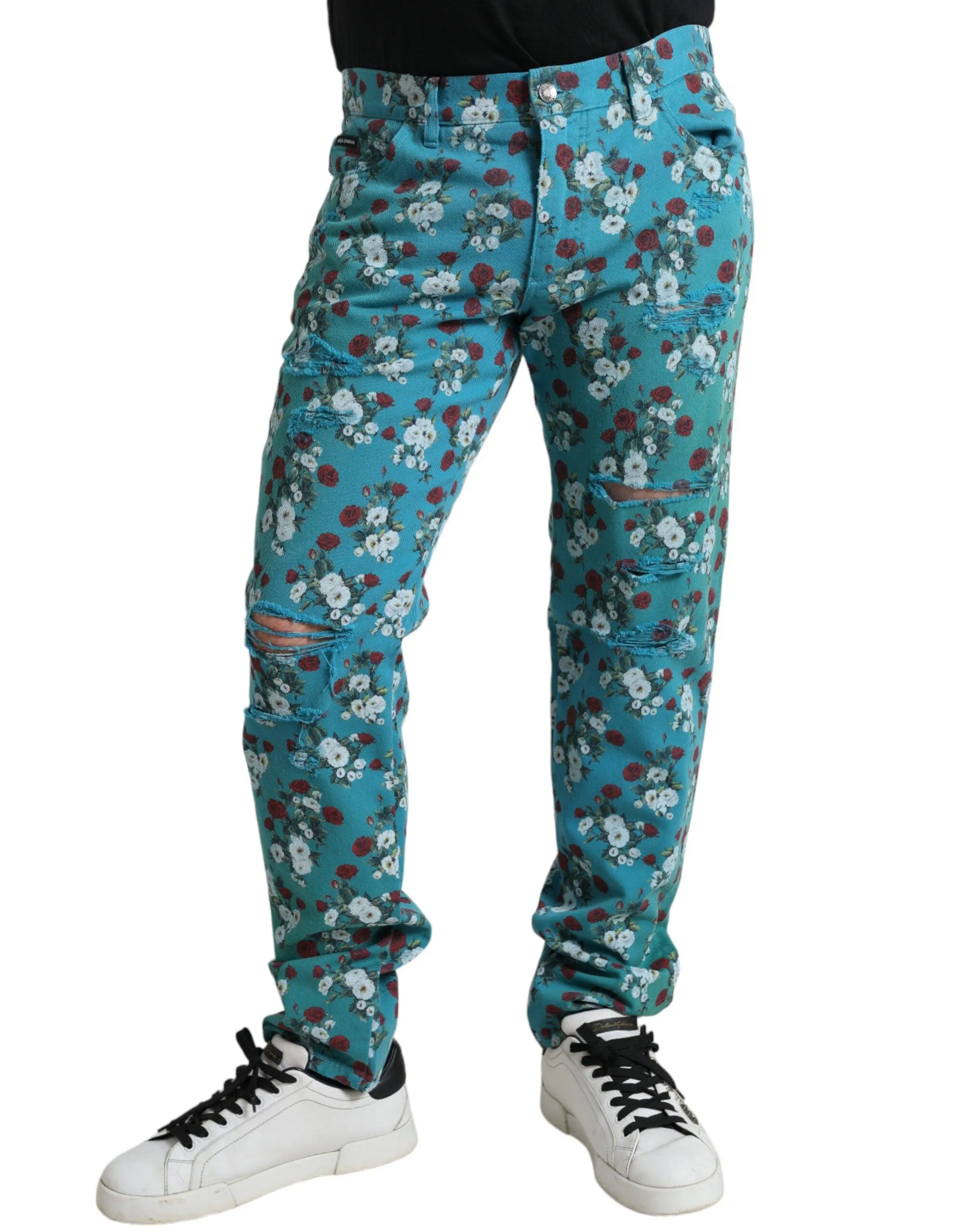 Dolce & Gabbana Blue Floral Print Skinny Cotton Denim Pants