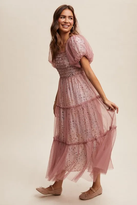 Dusty Rose Floral Print And Mesh Puff Sleeve Maxi Dress