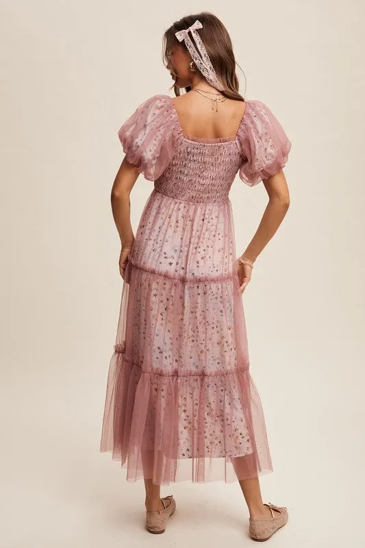 Dusty Rose Floral Print And Mesh Puff Sleeve Maxi Dress