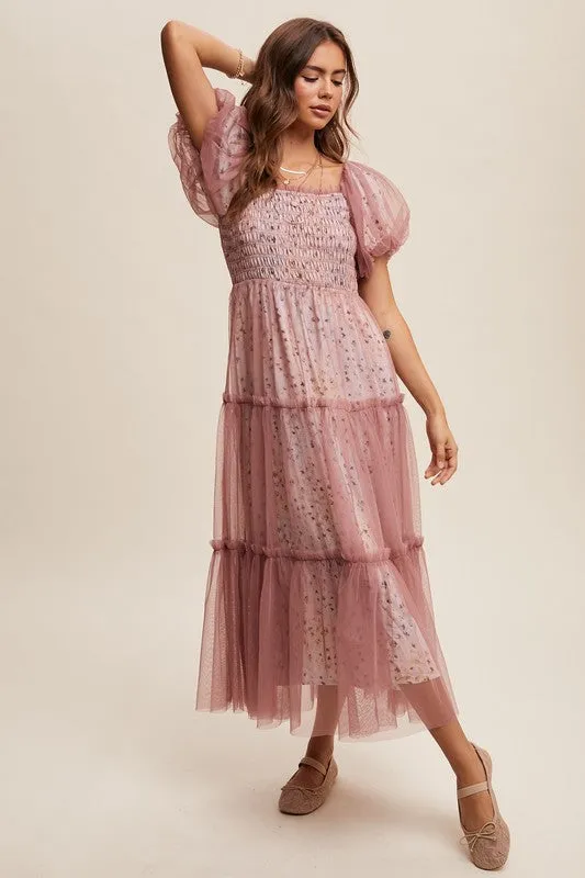 Dusty Rose Floral Print And Mesh Puff Sleeve Maxi Dress