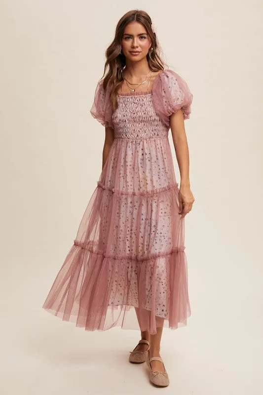 Dusty Rose Floral Print And Mesh Puff Sleeve Maxi Dress