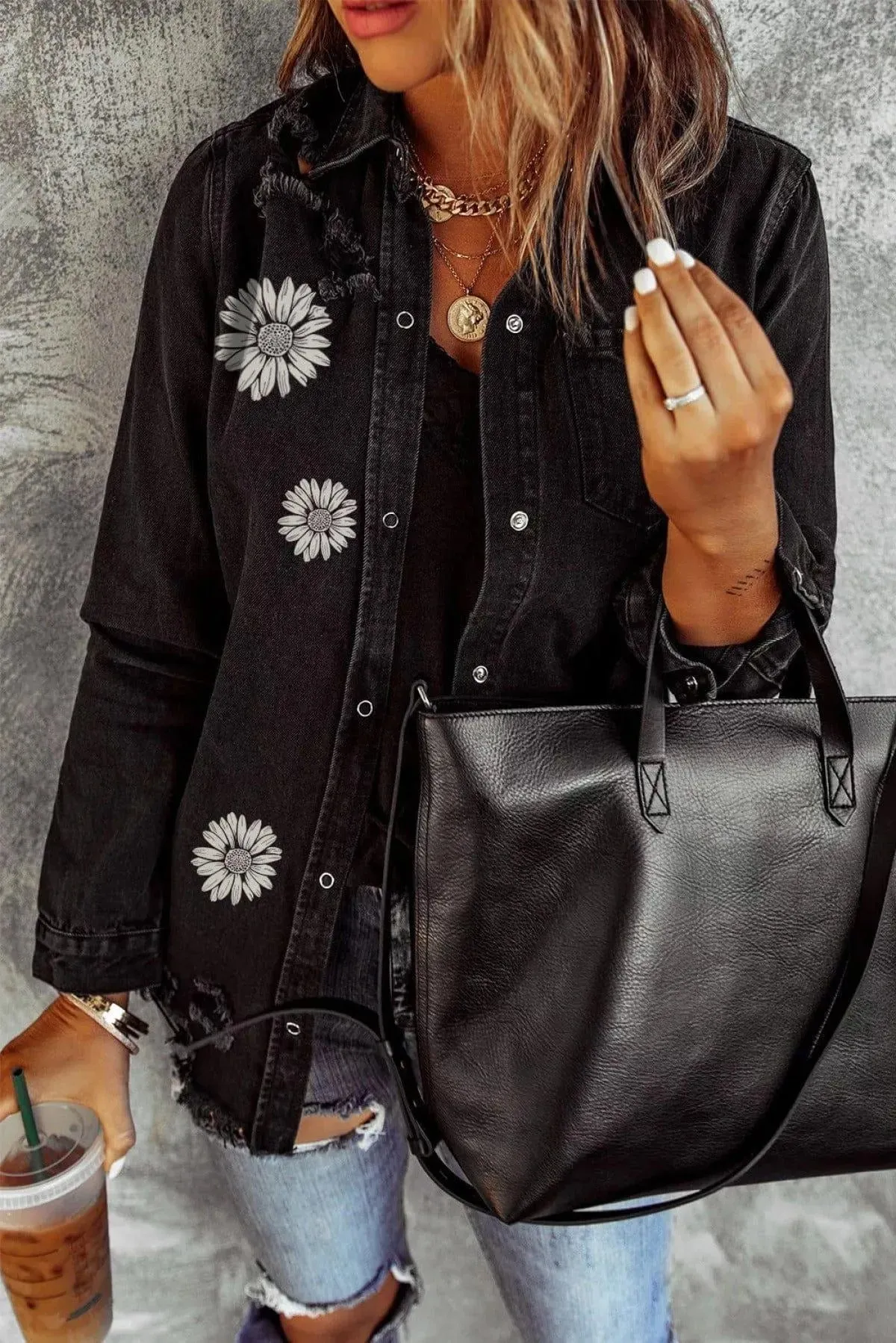 Floral Laser Etching Daisy Pattern Distressed Denim Jacket