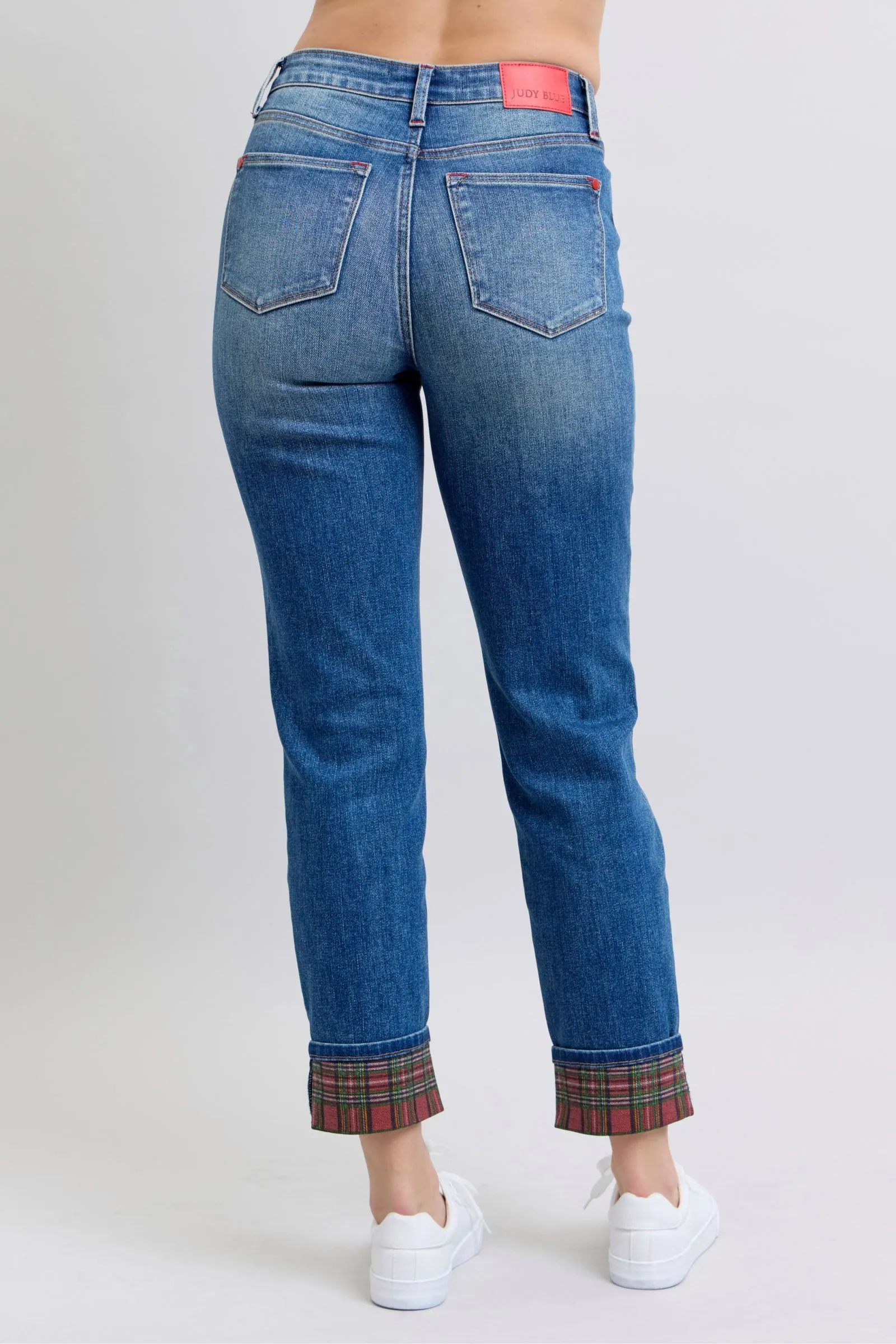 Full Size Plaid Print Cuff Straight Leg Jeans with Pockets