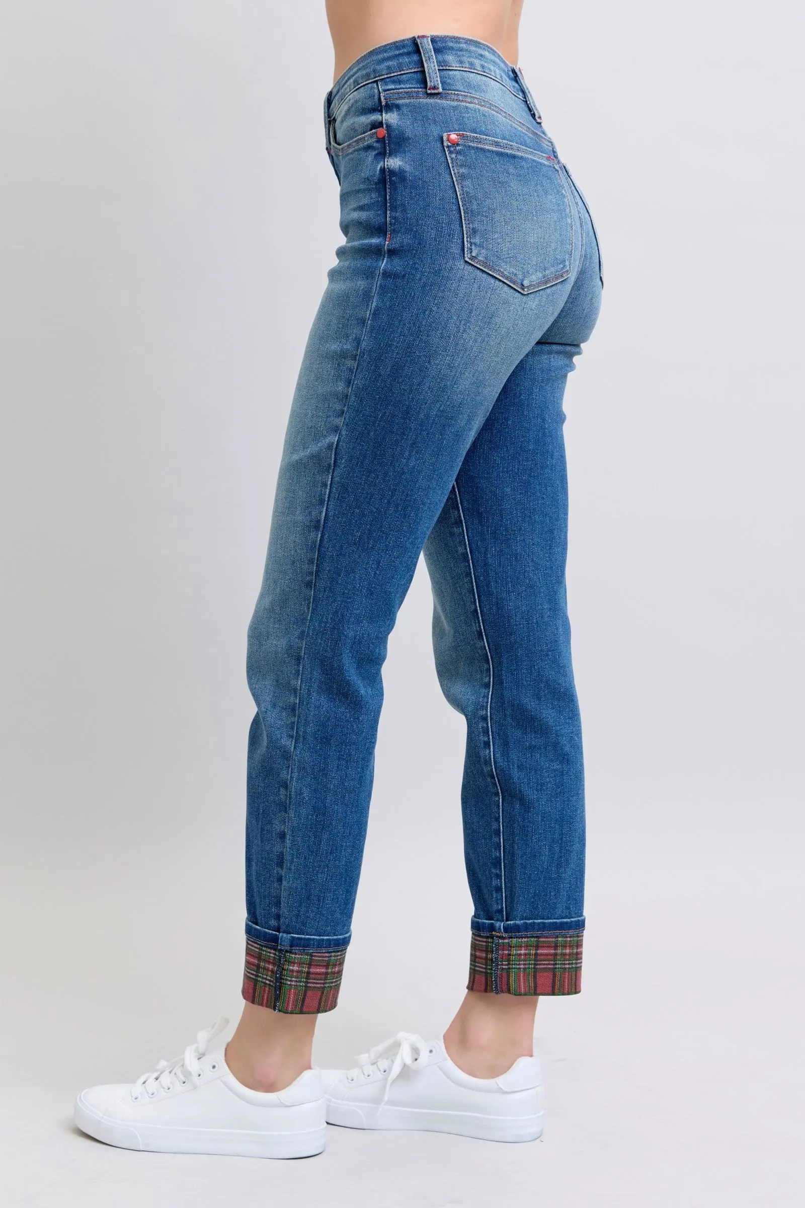 Full Size Plaid Print Cuff Straight Leg Jeans with Pockets