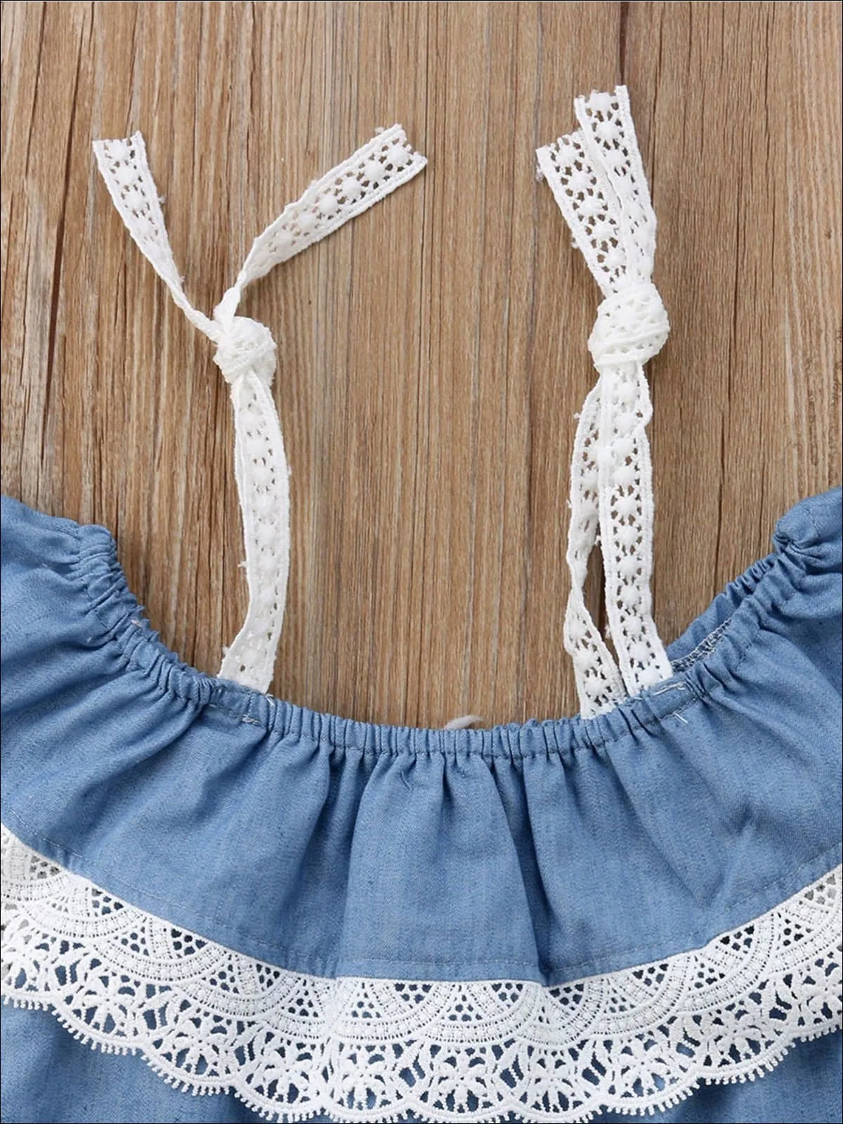 Girls Lace Trim Off The Shoulder Denim Top And Matching Short Set