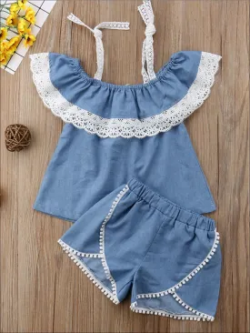 Girls Lace Trim Off The Shoulder Denim Top And Matching Short Set