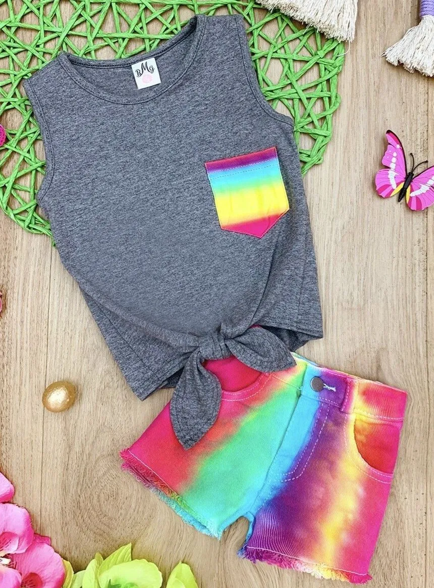 Gradient Rainbow Denim Shorts Set