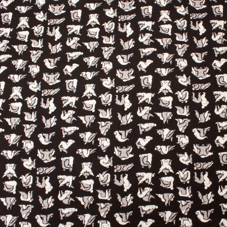 Grey & White Figures Printed Black Silk Twill