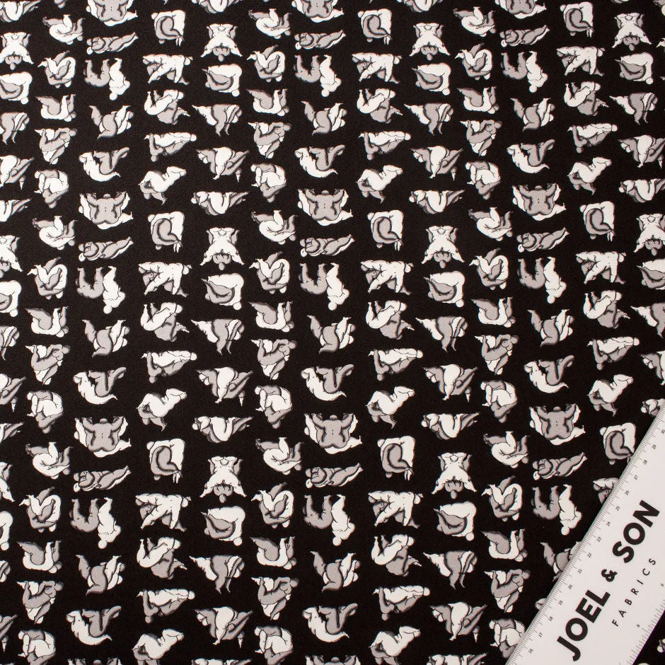 Grey & White Figures Printed Black Silk Twill