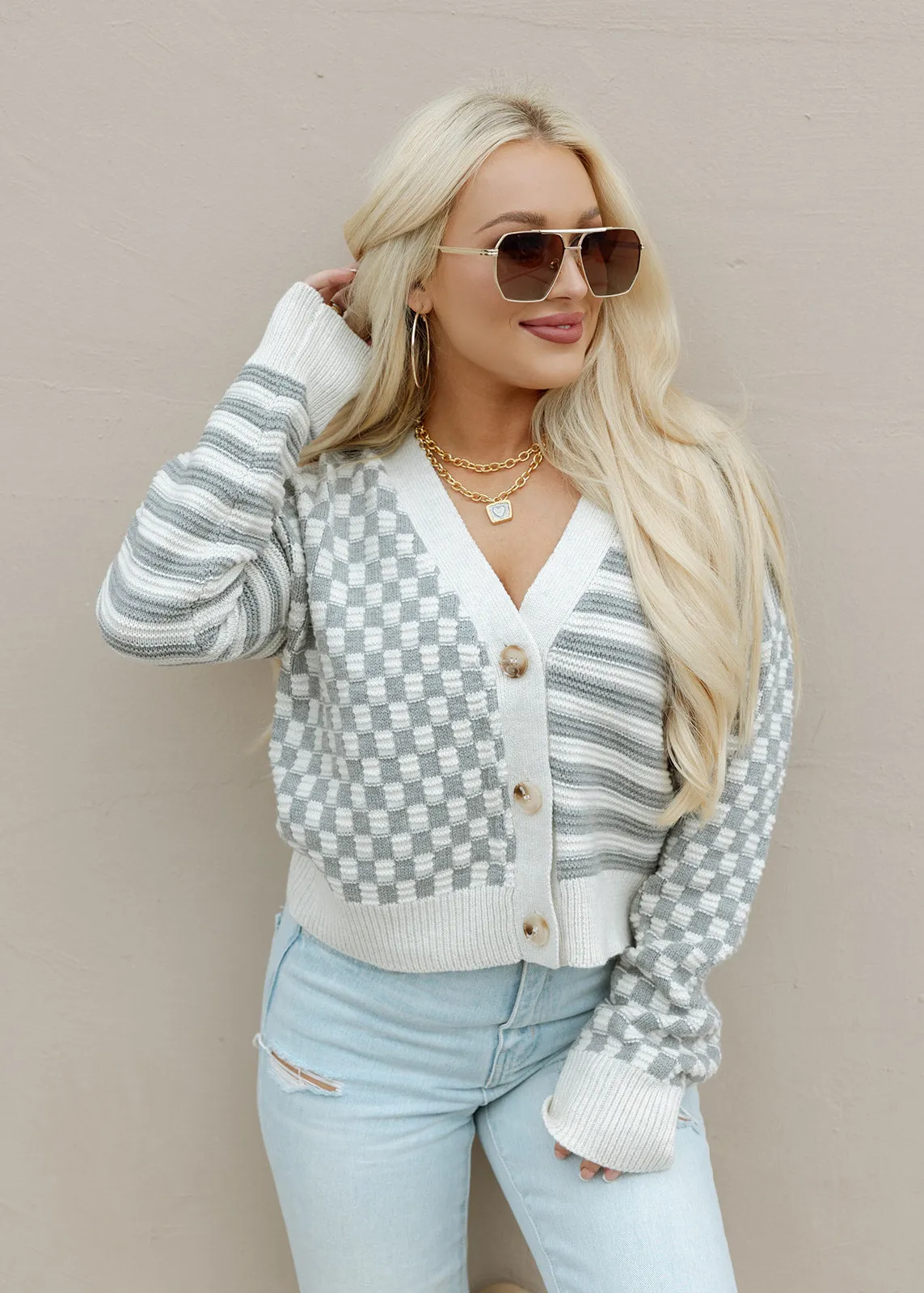 Grey Stripe & Check Cardigan Sweater