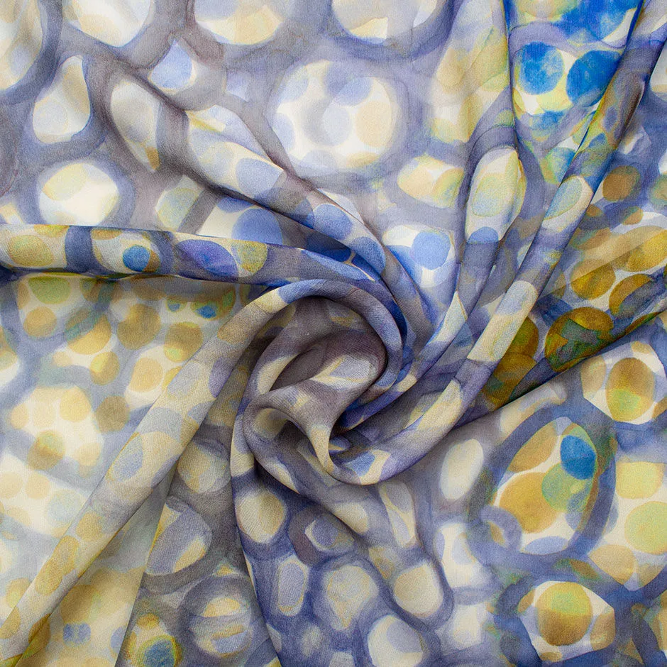 Grey, Yellow, Blue Bubble Printed Silk Georgette (A 2.40m Piece)