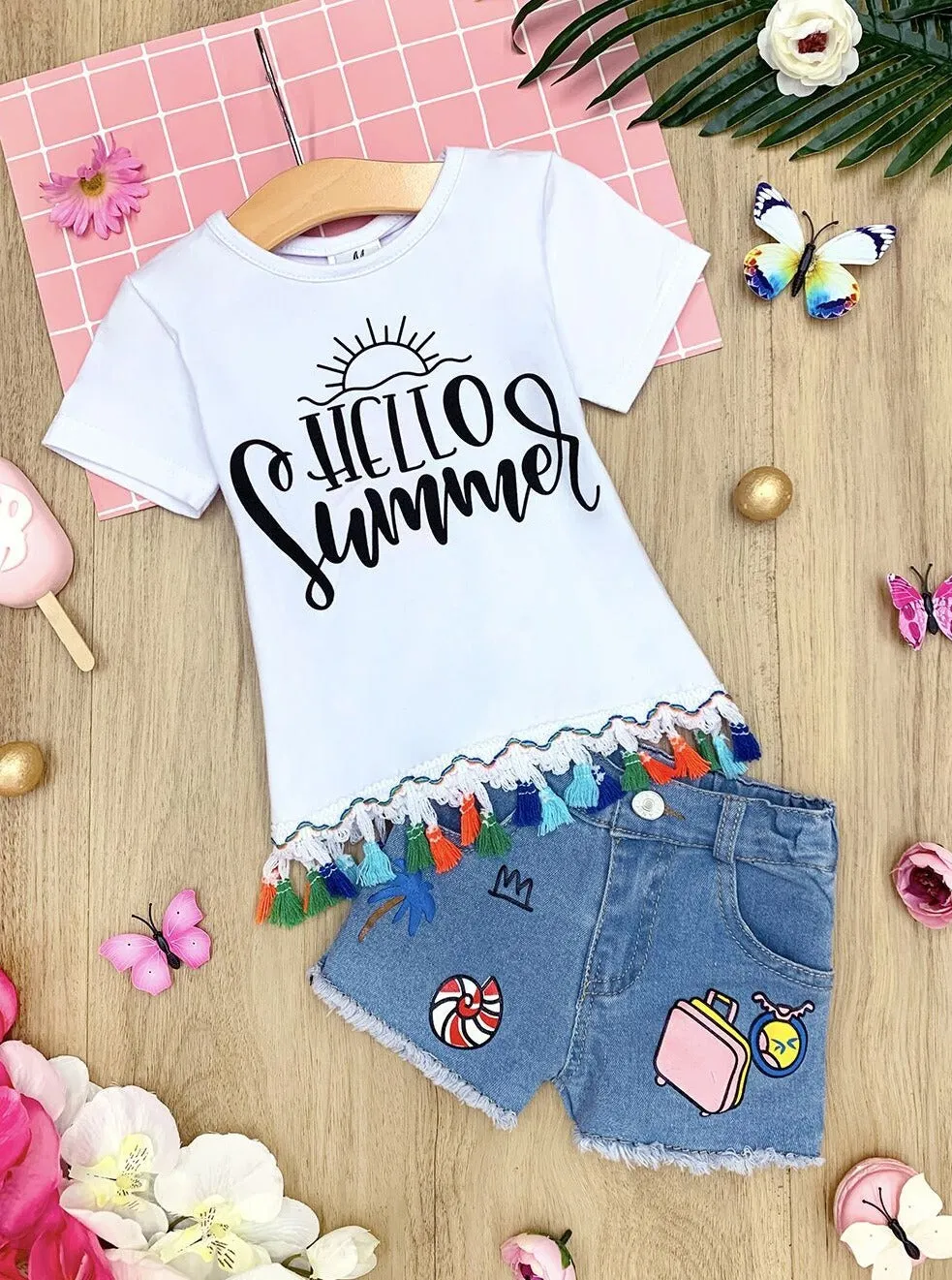 Hello Summer Denim Shorts Set