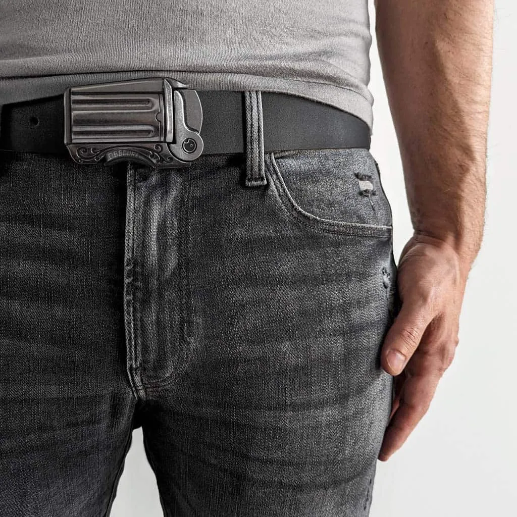 Imperfect Outlaw Gun Buckle on Distressed Grey Belt | FINAL SALE