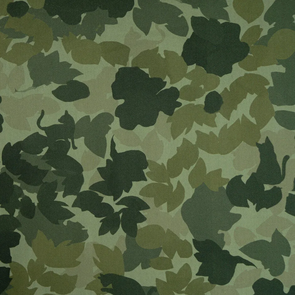 Khaki Leaf Camouflaged Printed Cotton Denim