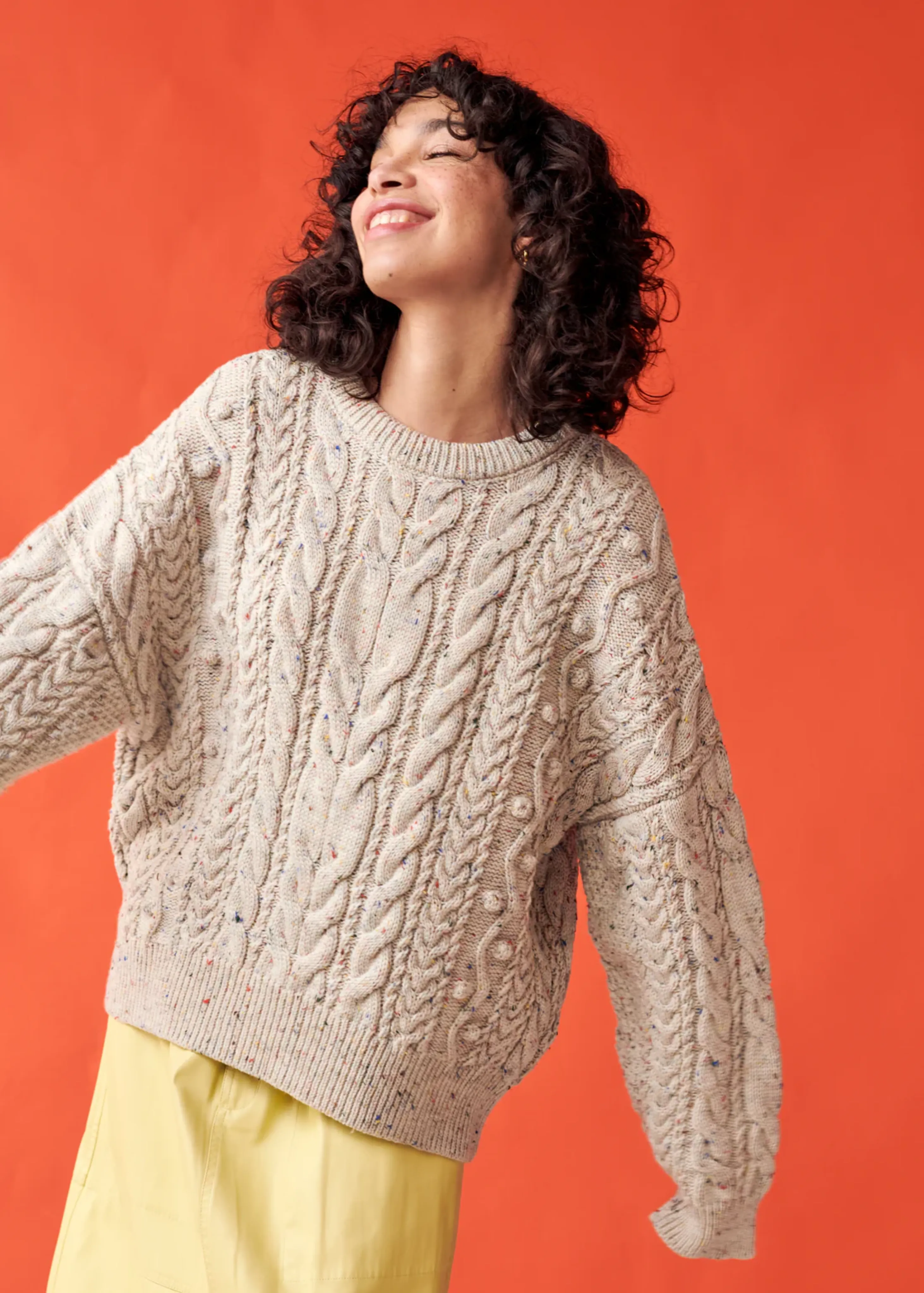 Long cable sweater, natural speckle