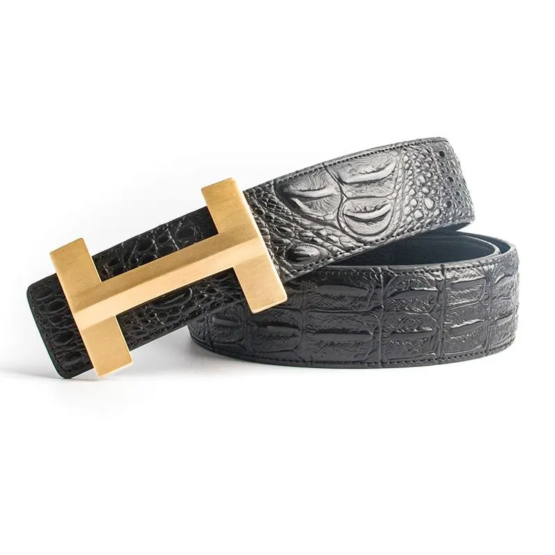 Luxury Crocodile Pattern Brass Buckle Leather Belt