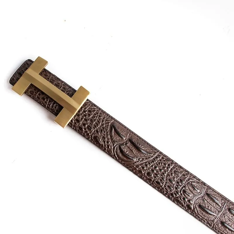 Luxury Crocodile Pattern Brass Buckle Leather Belt