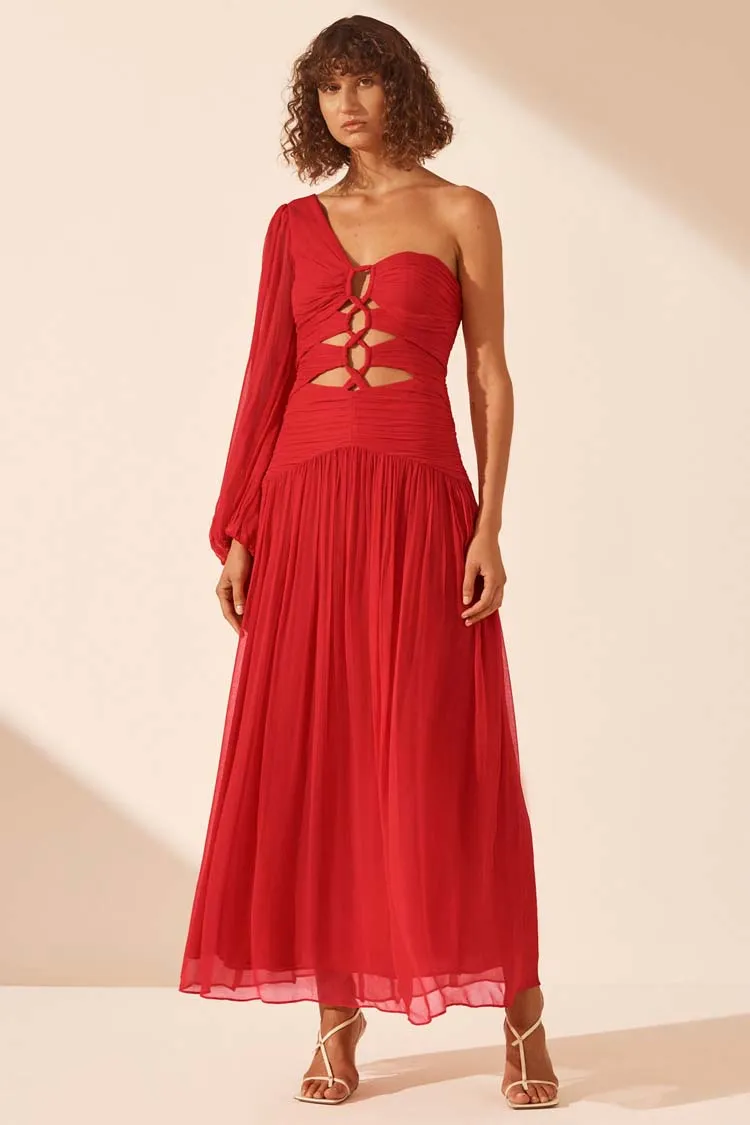 Margot LS One Shoulder Lace Up Maxi Dress in Sailor Red | FINAL SALE