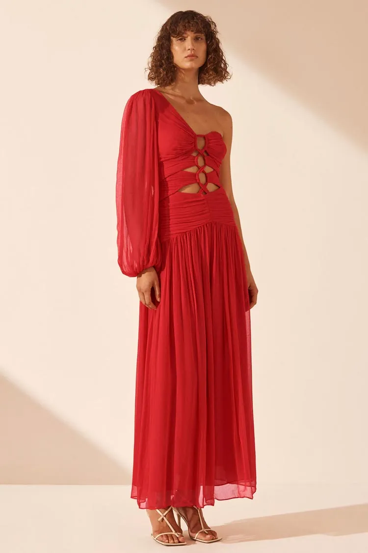 Margot LS One Shoulder Lace Up Maxi Dress in Sailor Red | FINAL SALE