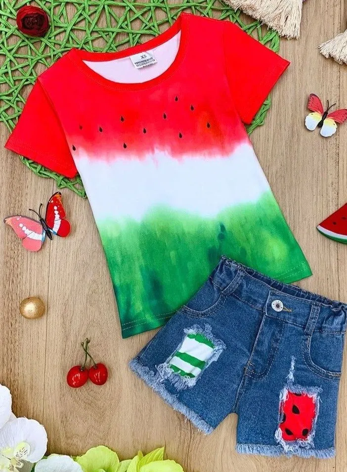 More Watermelon Please Patched Denim Shorts Set