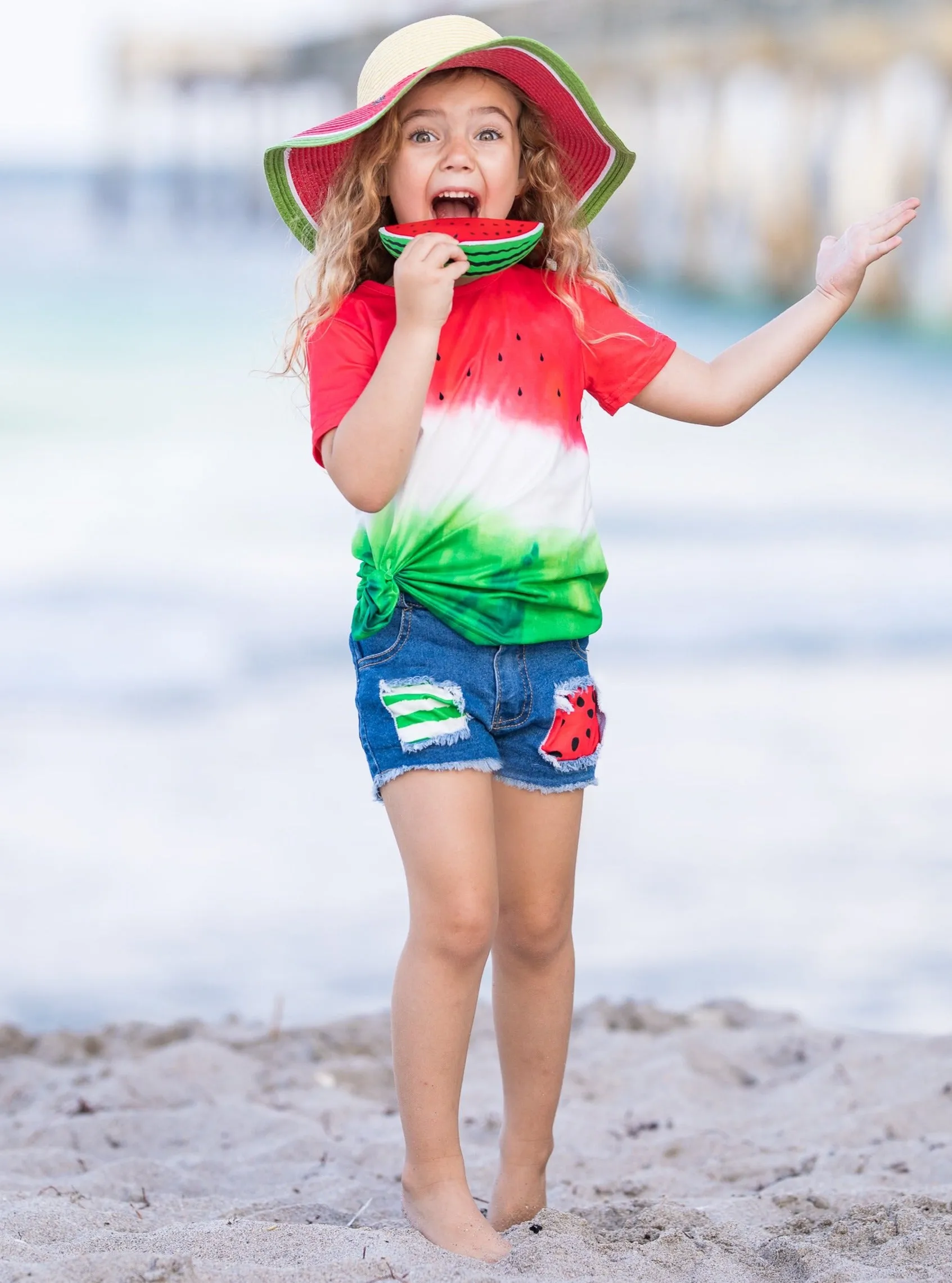 More Watermelon Please Patched Denim Shorts Set