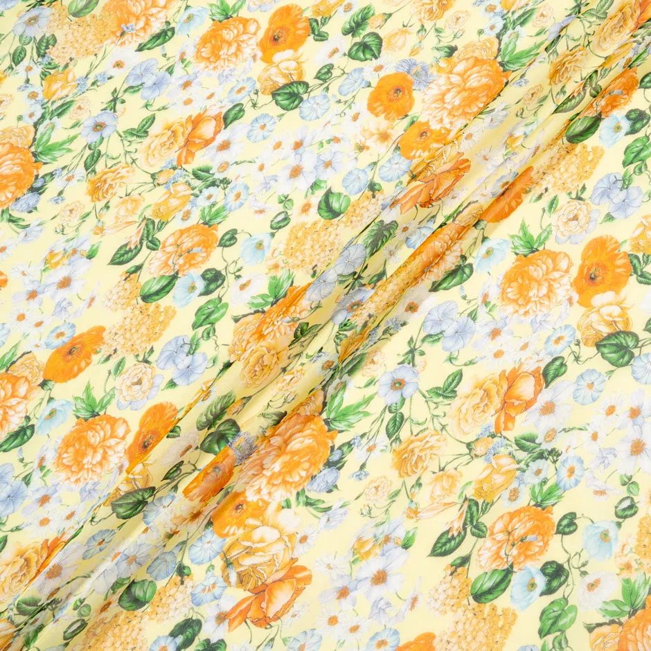 Orange Floral Printed Yellow Pure Silk Chiffon