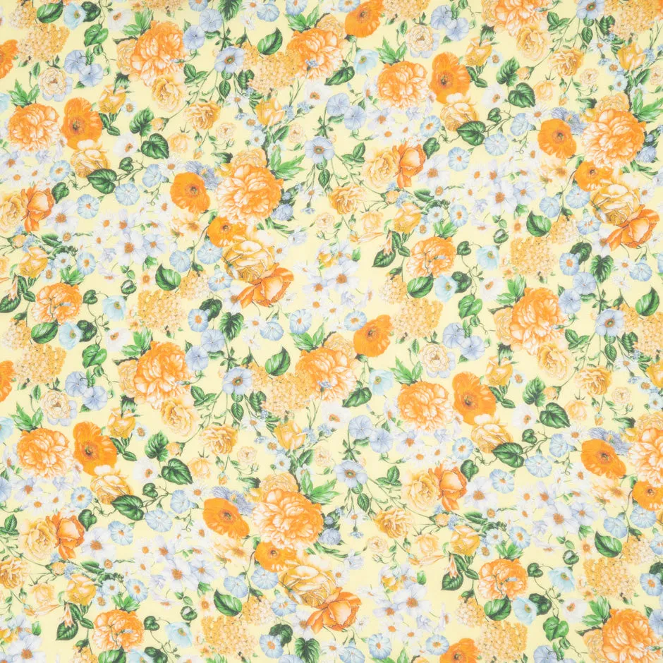 Orange Floral Printed Yellow Pure Silk Chiffon