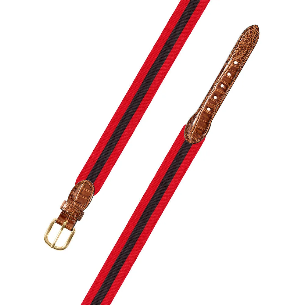 Red & Black Grosgrain Ribbon Leather Tab Belt