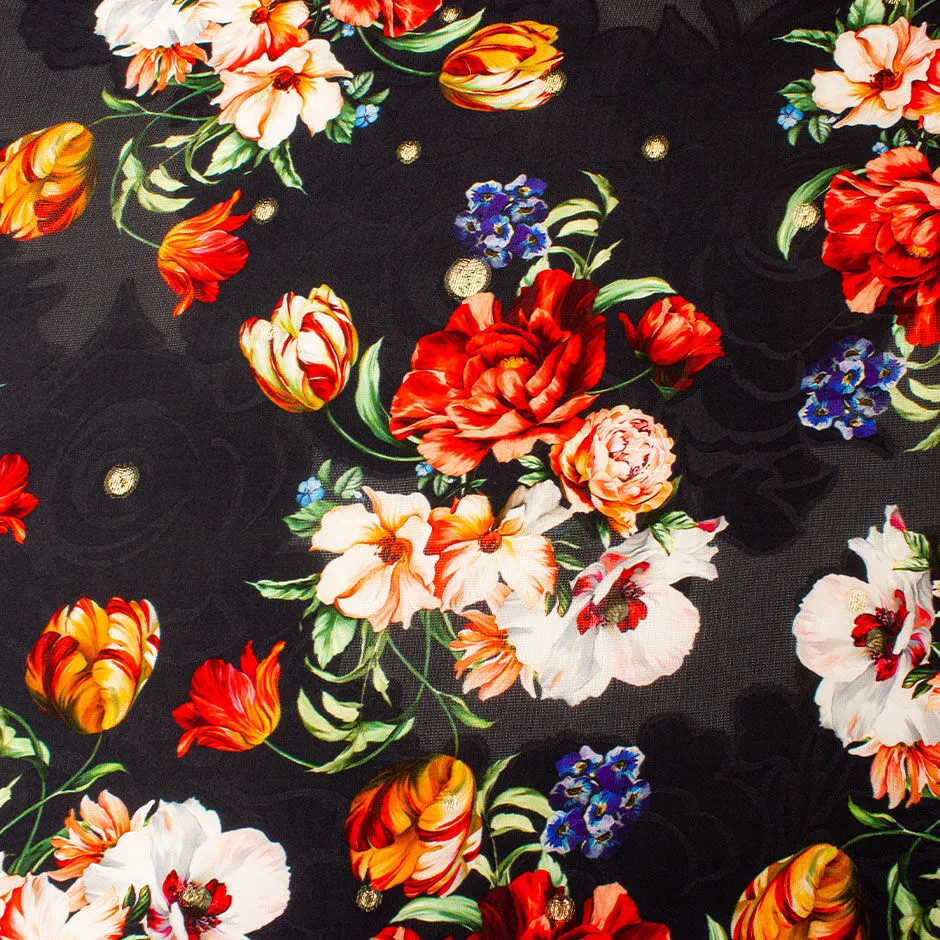 Red Floral Printed Midnight Blue Silk Jacquard & Lamé