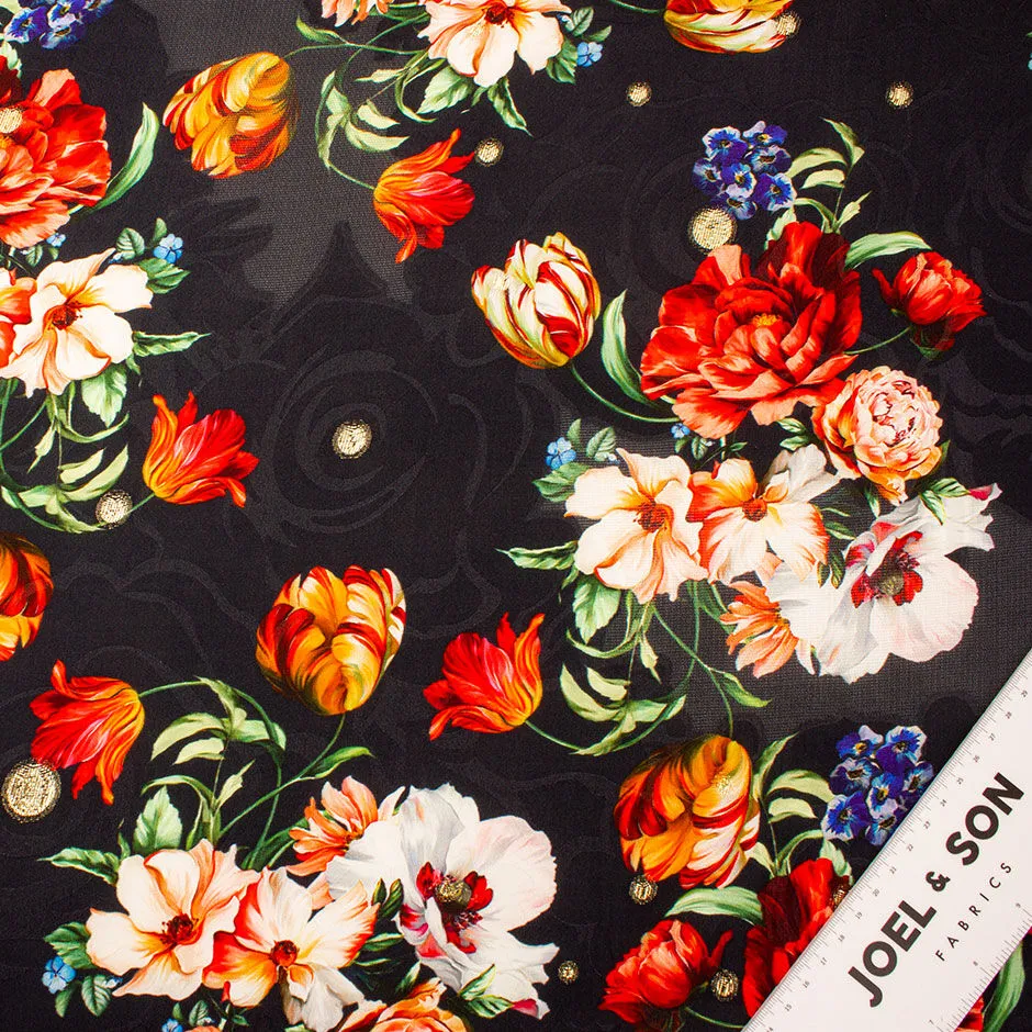 Red Floral Printed Midnight Blue Silk Jacquard & Lamé