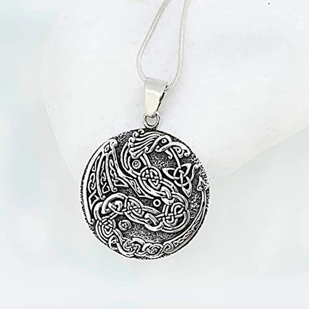 Sterling Silver Round Celtic Dragon Pendant with Chain