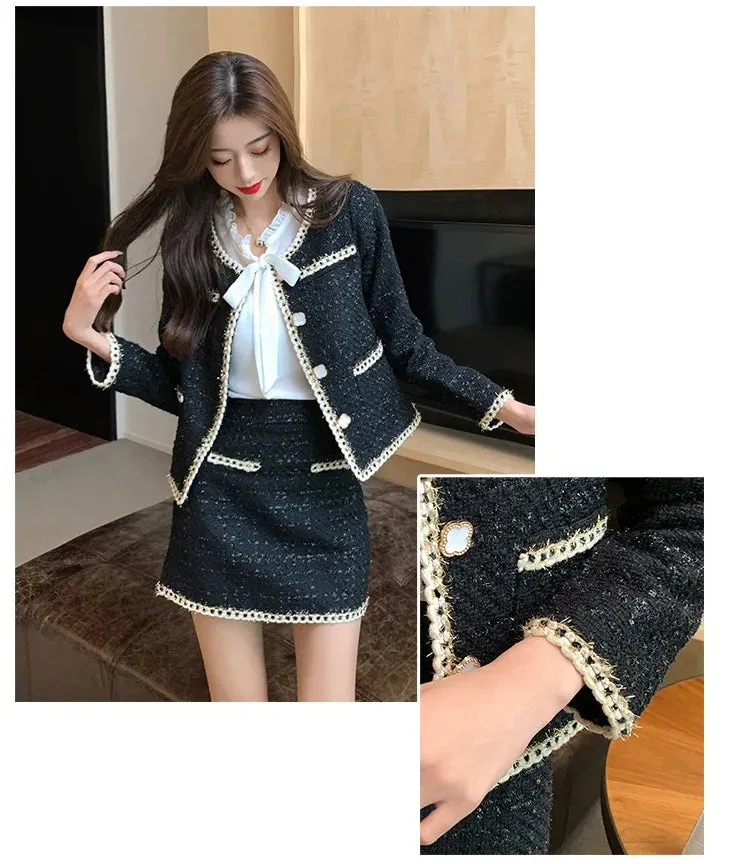 Tweed Jacket Women's Suits 2025 New Spring Autumn Two-Piece Skirt Female Casaco Fashion Loose Single-Breasted Wool Sets Skirt