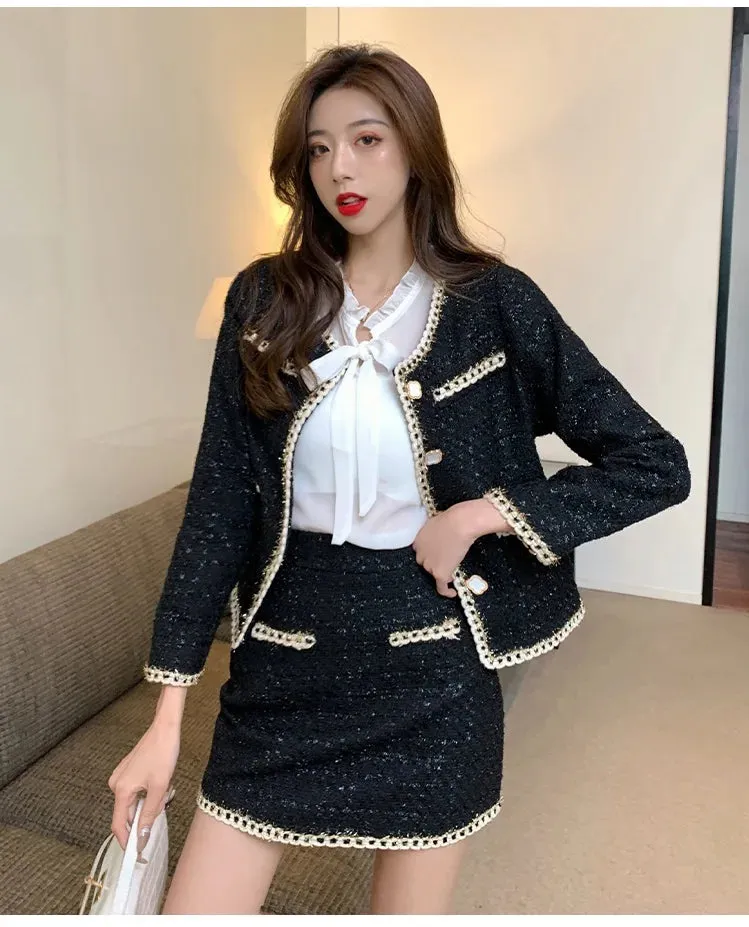 Tweed Jacket Women's Suits 2025 New Spring Autumn Two-Piece Skirt Female Casaco Fashion Loose Single-Breasted Wool Sets Skirt