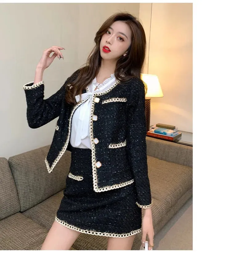 Tweed Jacket Women's Suits 2025 New Spring Autumn Two-Piece Skirt Female Casaco Fashion Loose Single-Breasted Wool Sets Skirt