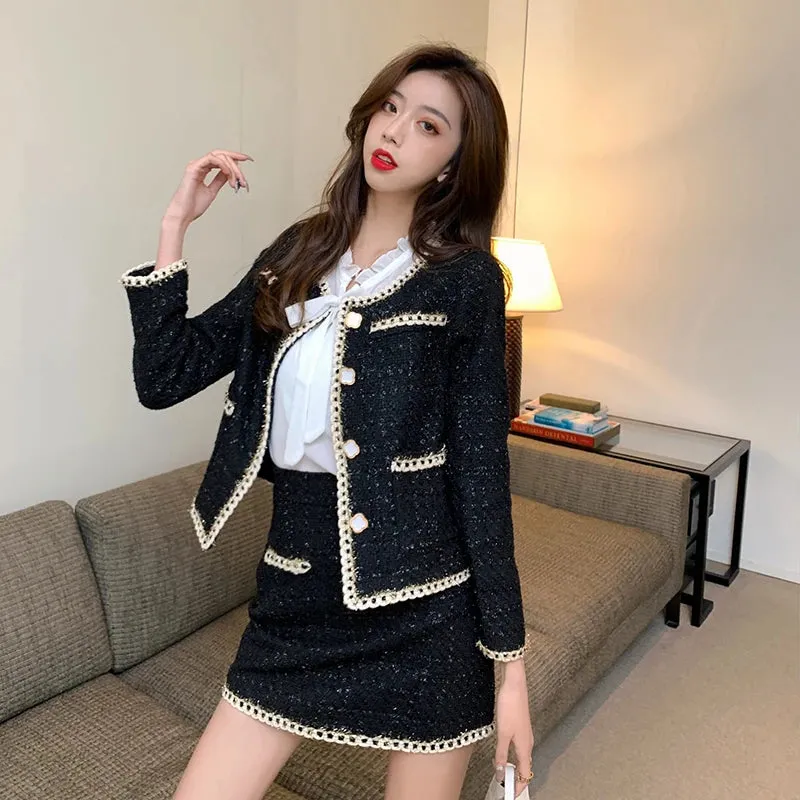 Tweed Jacket Women's Suits 2025 New Spring Autumn Two-Piece Skirt Female Casaco Fashion Loose Single-Breasted Wool Sets Skirt