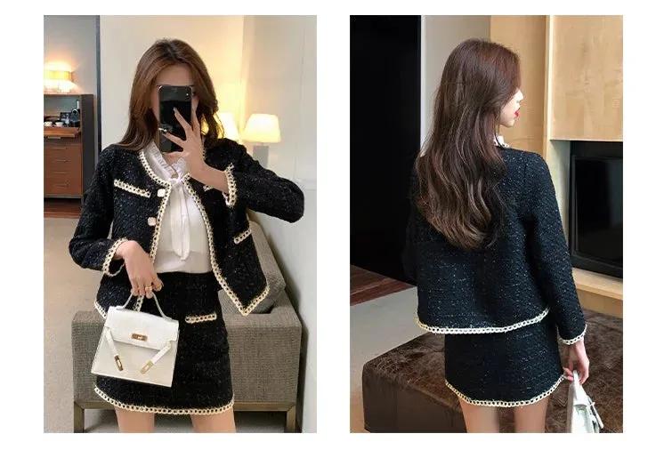 Tweed Jacket Women's Suits 2025 New Spring Autumn Two-Piece Skirt Female Casaco Fashion Loose Single-Breasted Wool Sets Skirt