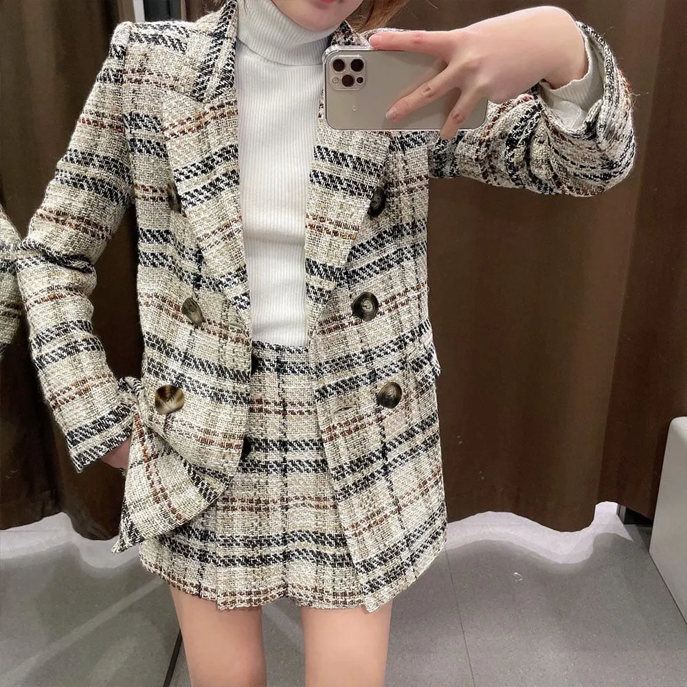 Wenkouban Women 2023 New Fashion Double Breasted Tweed Check Blazer Coat Vintage Long Sleeve Female Outerwear Casual shorts skirts Suit