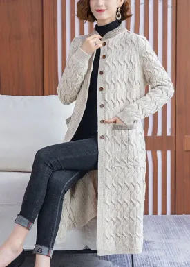 Women Beige Stand Collar Pockets Knit Long Cardigans Winter