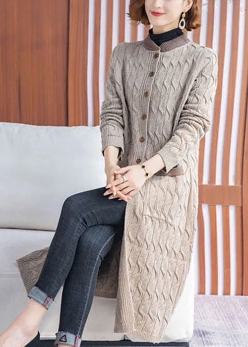 Women Beige Stand Collar Pockets Knit Long Cardigans Winter