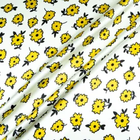 Yellow & Black Floral Printed White Silk Jacquard